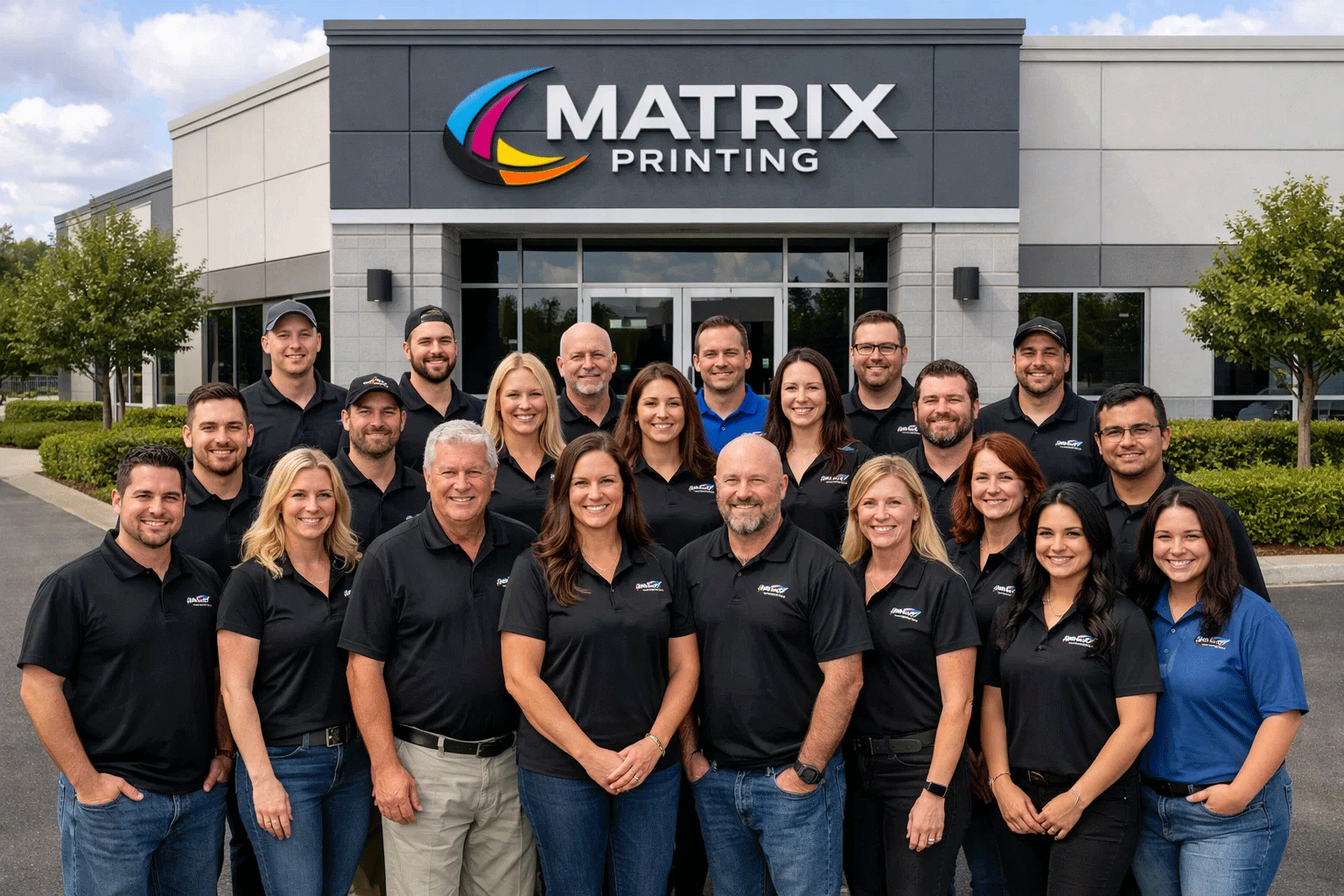 Matrix Printing team in front of headquarters